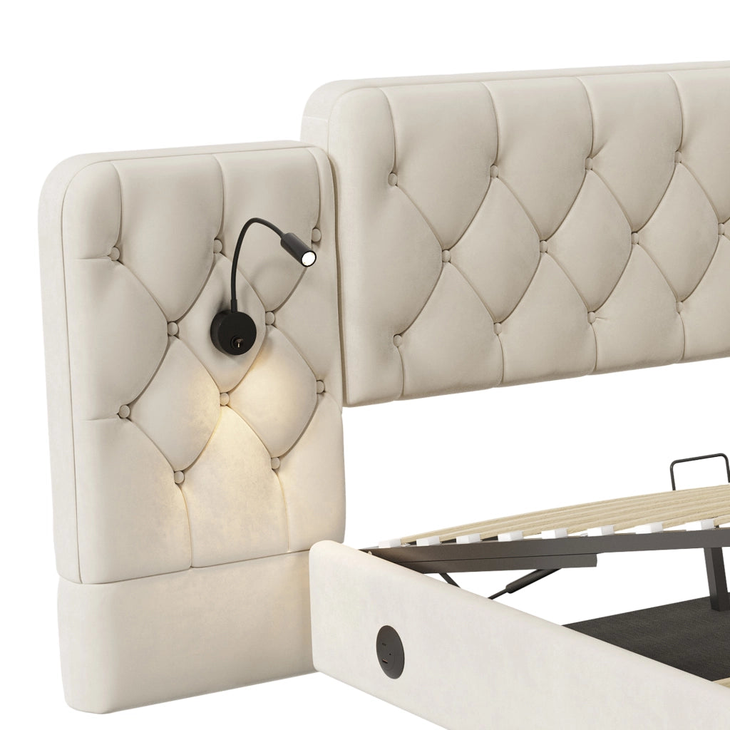 DESMIU Letto contenitore 180 × 200 cm 2 posti con testiera allungata, luci da lettura, USB e senza materasso, beige