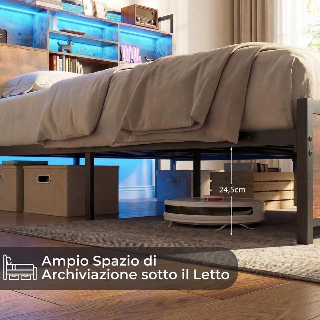 Struttura Letto con Testiera Contenitore, Letto a Piattaforma in Metallo con Stazione di Ricarica 3 Ripiani, Silenzioso, Carico Massimo 300kg (160 x 200 cm Stile 2)
