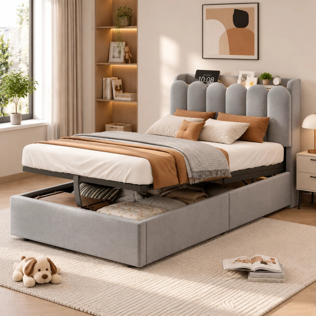 LETTO Contenitore 90x200 cm in velluto grigio con rete a doghe, USB e luce