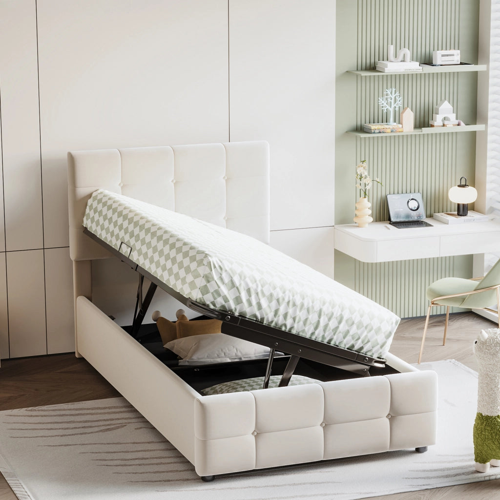 Letto imbottito per bambini 90x200 cm in velluto, con contenitore idraulico, testiera regolabile, beige