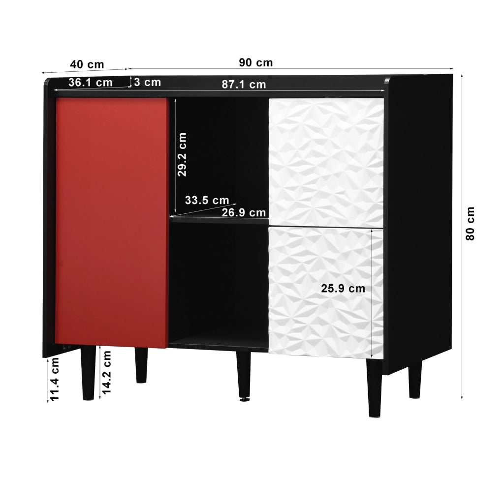 Credenza sideboard con 2 cassetti e vano aperto; 90x40x80 cm; MDF nero e rosso