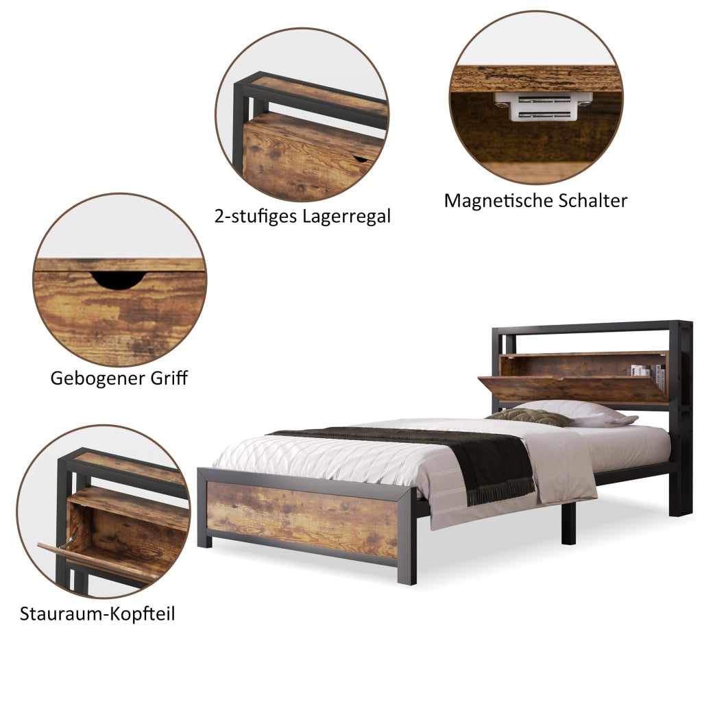 Letto singolo in metallo con testiera contenitore; doghe in metallo; nero; 90x200 cm; senza materasso