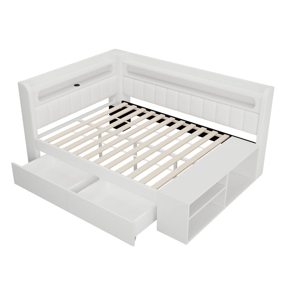 Letto Singolo Imbottito con Contenitore, USB, LED e Scarpiera ¨C Xylo ¨C Bianco 90x200