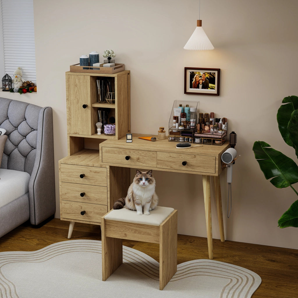 Toeletta con specchio a scomparsa e ampio spazio contenitore, con 5 cassetti, mobile laterale e sgabello beige naturale