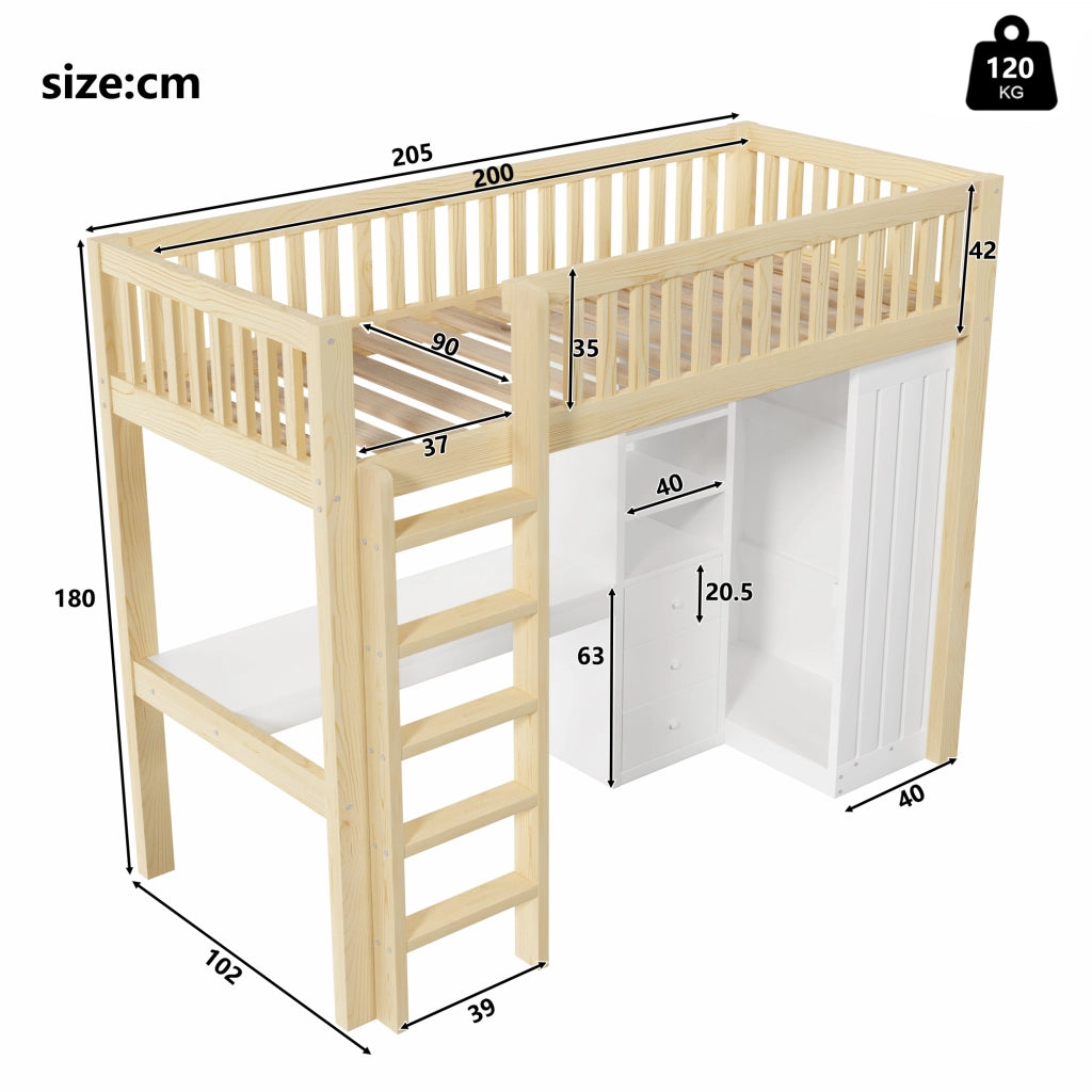 Letto a soppalco singolo 90×200 cm con scrivania; armadio; 3 cassetti e scale; senza materasso; pino; naturale