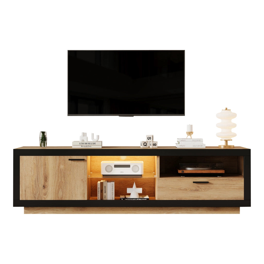 Mobile TV LED moderno con ripiani in vetro, cassetto e vano contenitore, per TV fino a 70 pollici, nero e rovere