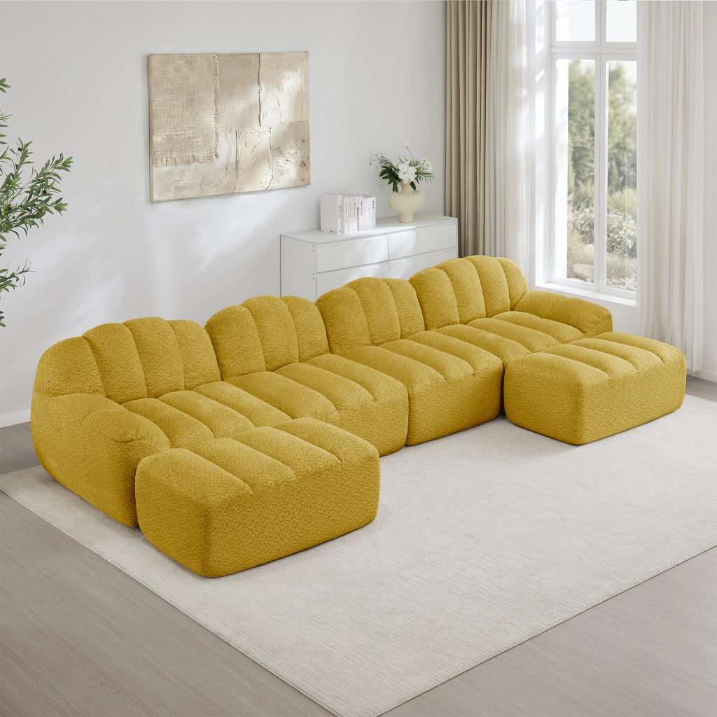 Divano modulare angolare 4 posti con chaise longue e pouf; in fleece granulare giallo