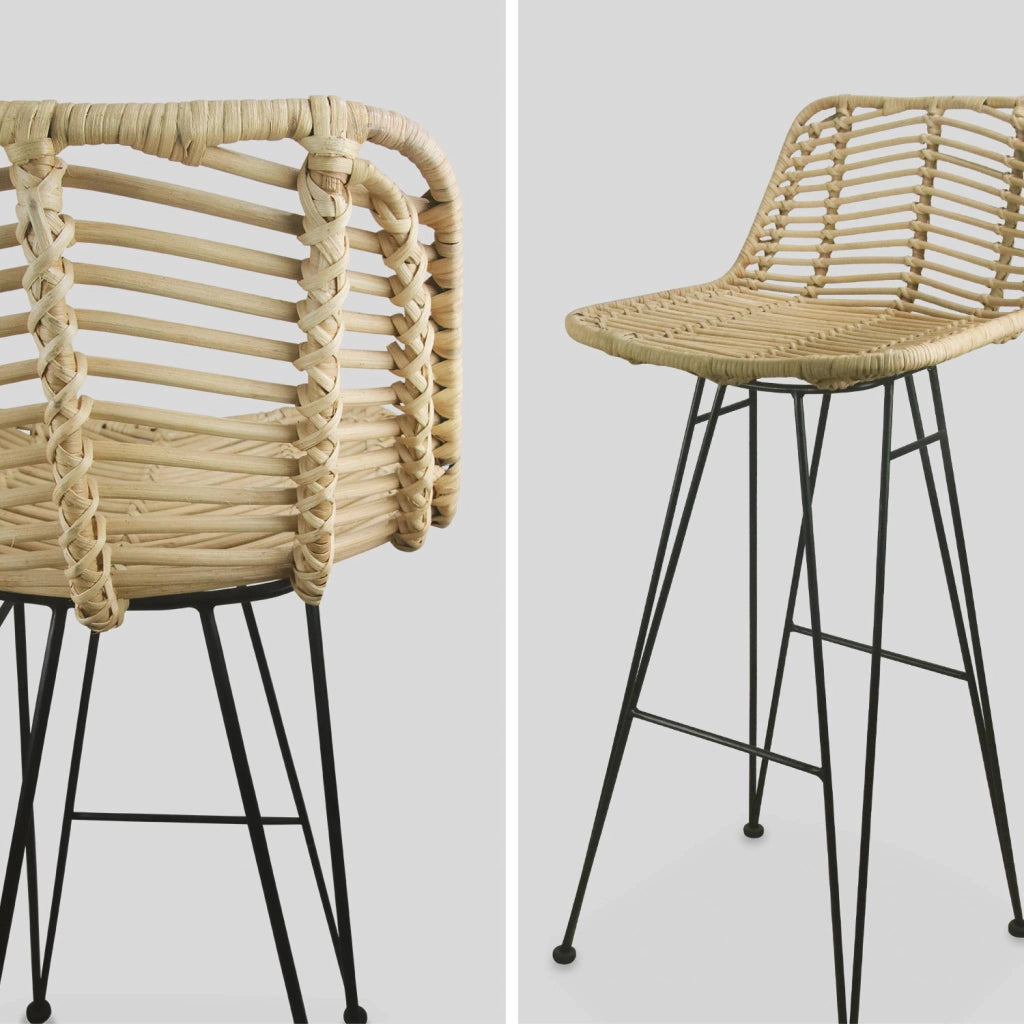 Set di 2 sgabelli da bar in metallo e rattan, nero