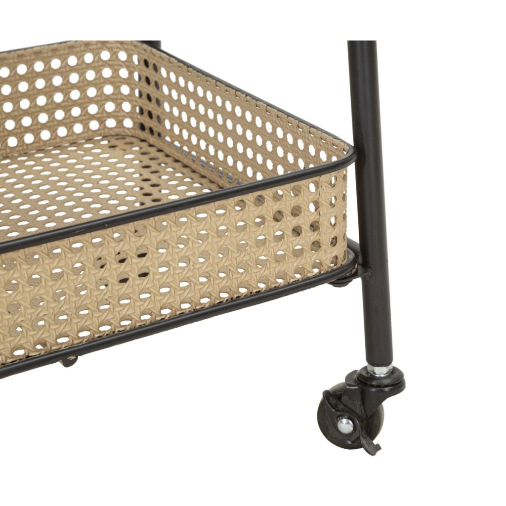 Carrello Fuji a 3 cesti in rattan e ferro nero su ruote — 60x30x80 cm