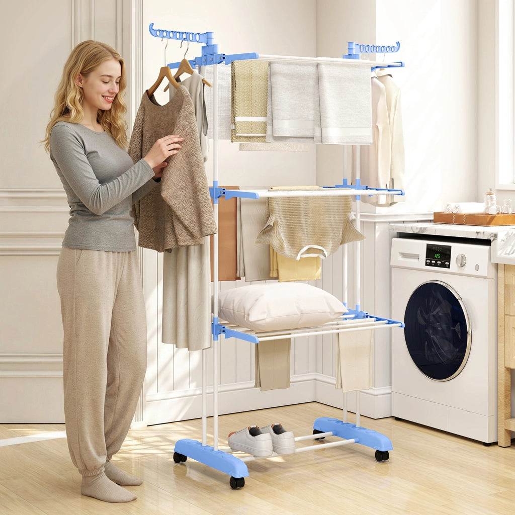 Tenda da Bucato Verticale Pieghevole con Ruote ¨C zephmum ¨C 73x64x172 cm Blu e Bianco