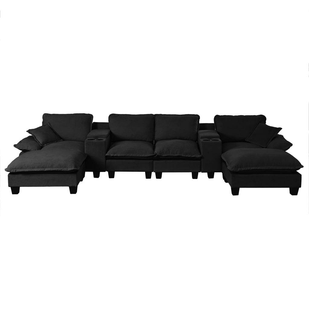 Divano Modulare U con Ottomane, Portabicchieri e USB ¨C Xylo ¨C Chenille Nero