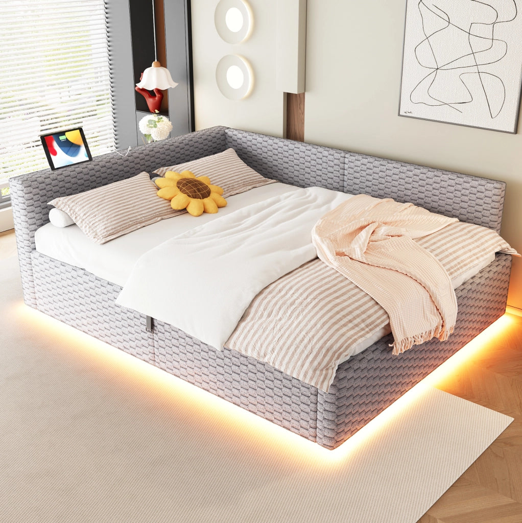 Letto imbottito 140x200 cm con contenitore, LED e porte USB/Type-C