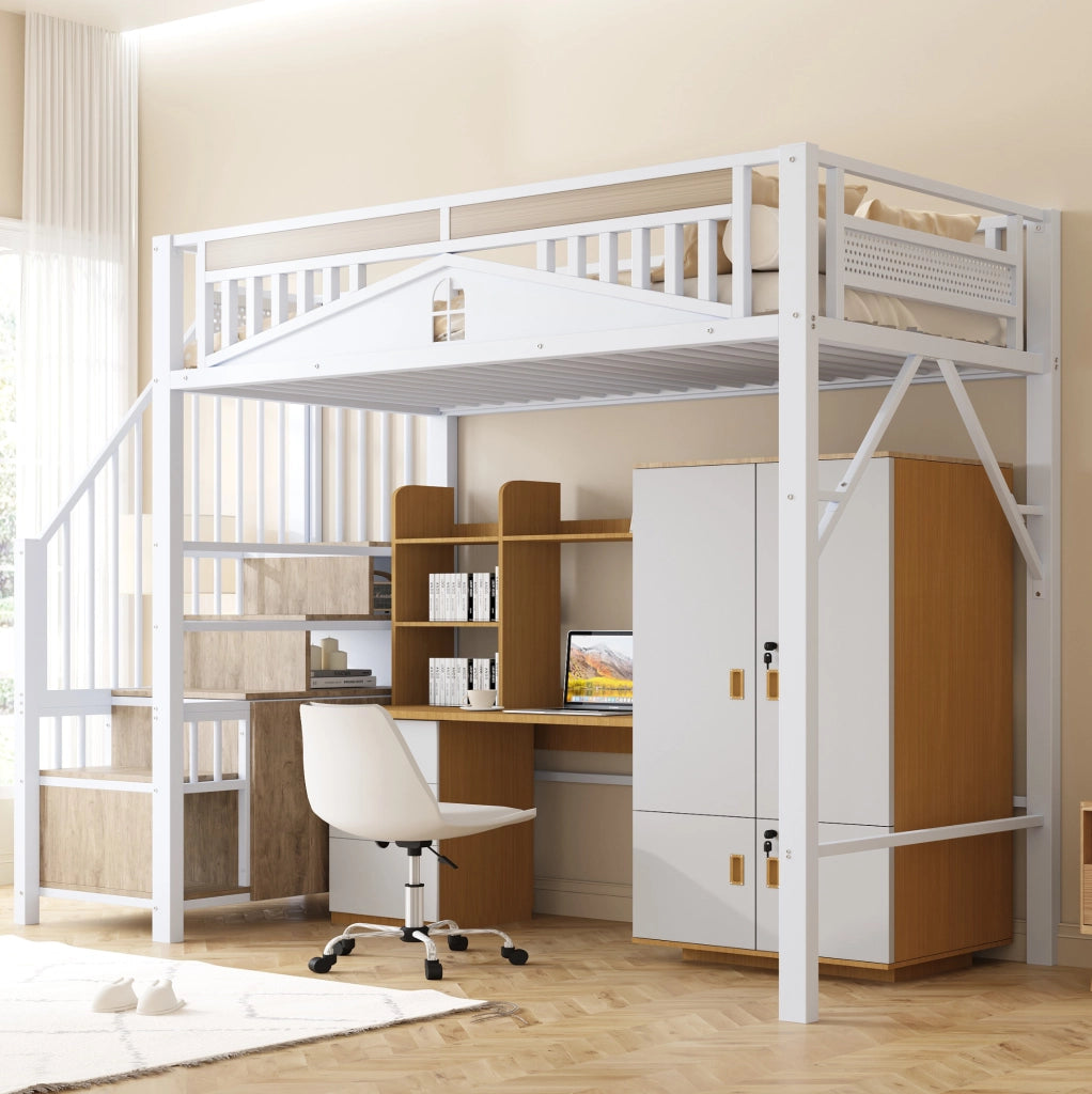 Letto a soppalco 90x200 cm in metallo con scala contenitore e armadietto