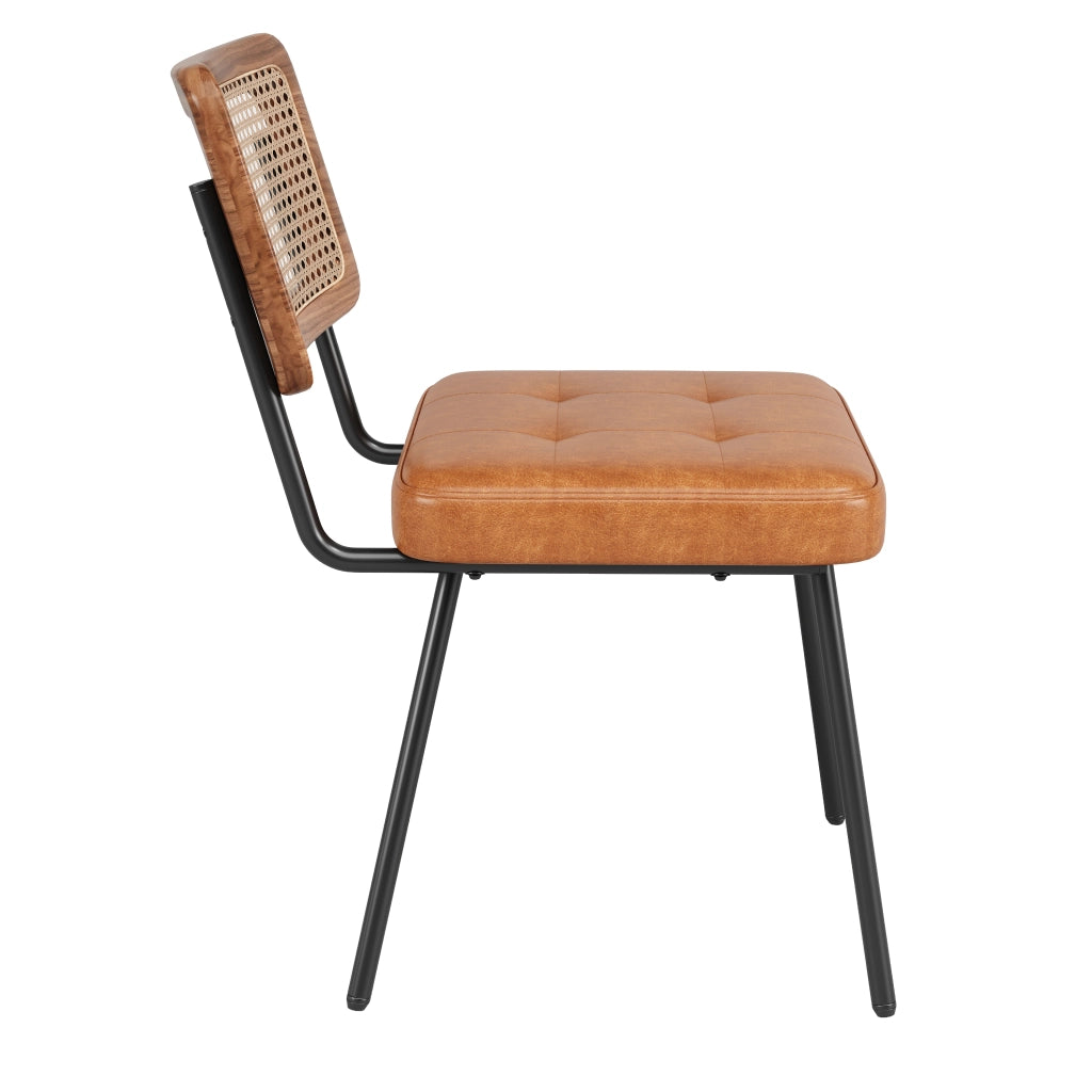 Sedia da pranzo ergonomica in PU e rattan con gambe in metallo, marrone