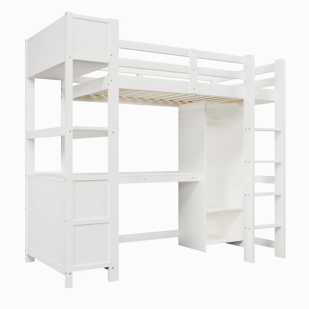 Letto a castello con scrivania e armadio - Zephmum - 90x200 cm, bianco, scaffali e ripiani