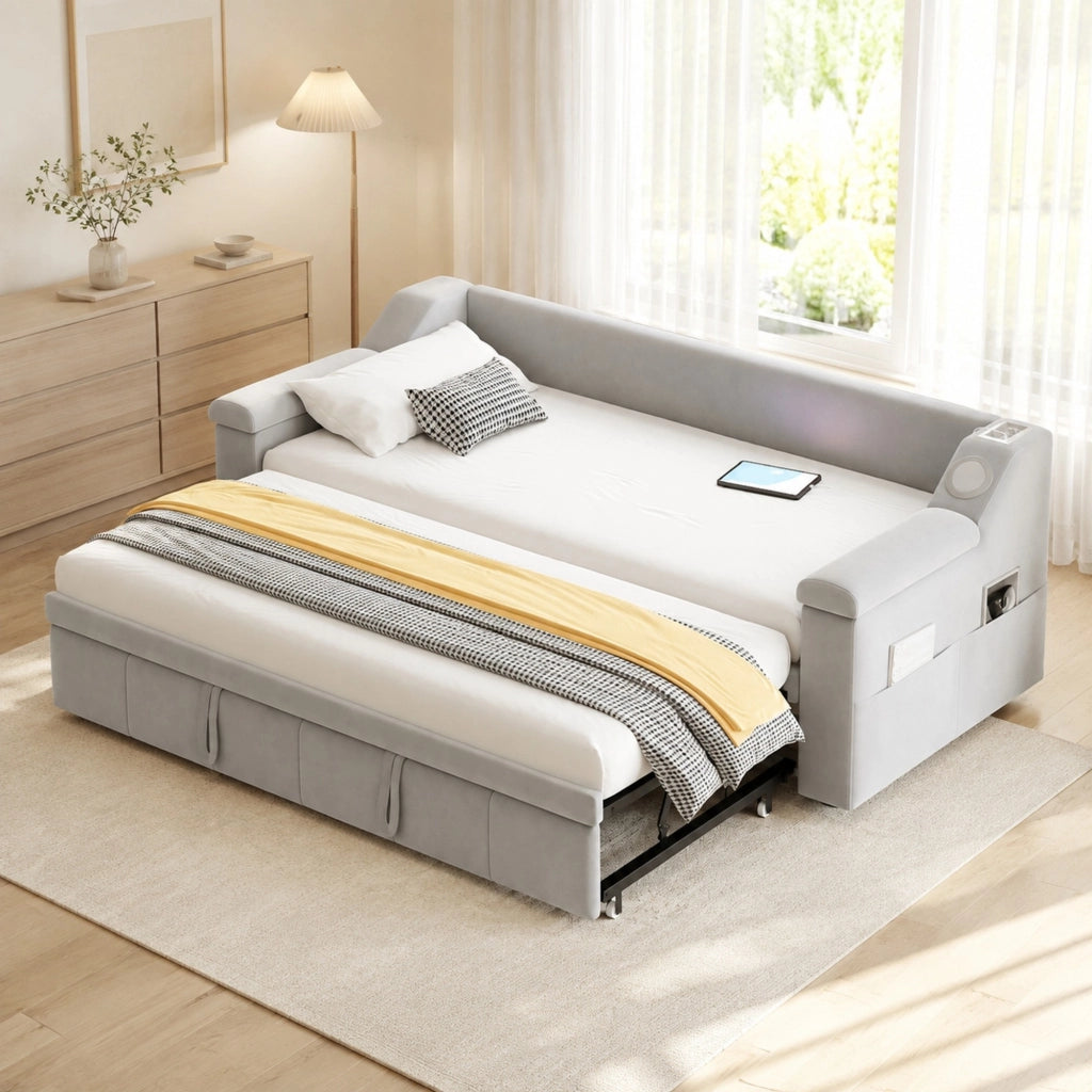 LETTO SOFA 90/190 cm Grigio in velluto con armlehnen Bluetooth, USB e ripiani