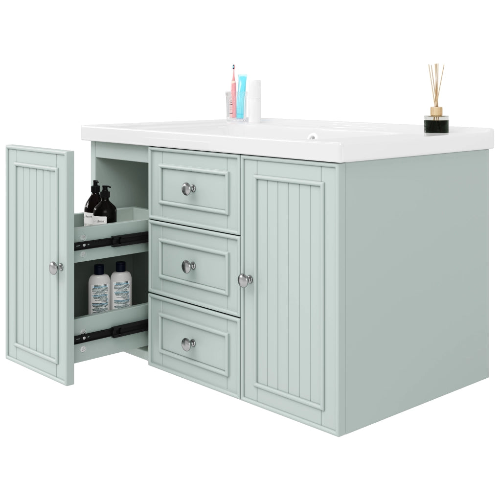 Mobile bagno sospeso con 3 cassetti; lavabo in ceramica e vano contenitore per bagno; verde; 78.5×46×46.8 cm