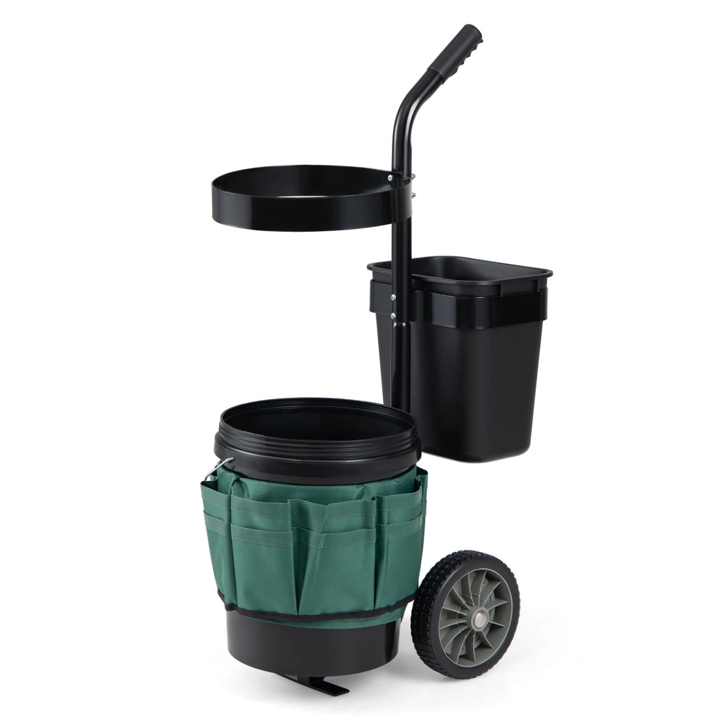 Carrello da giardino a due ruote con borsa in tessuto oxford, Carrellino per attrezzi da giardinaggio con secchio rotondo e contenitore rettangolare