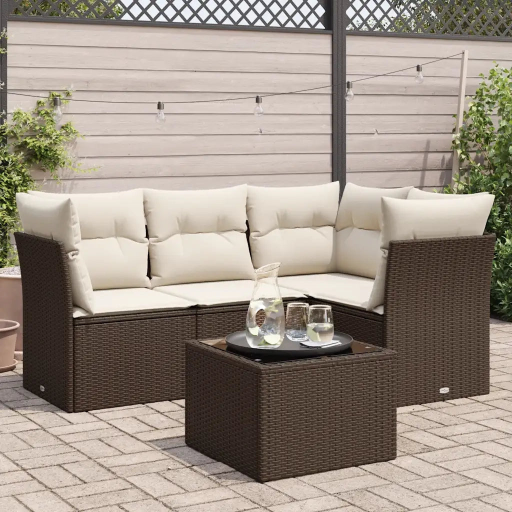 Set Divano da Giardino 5 pz con Cuscini Marrone in Polyrattan