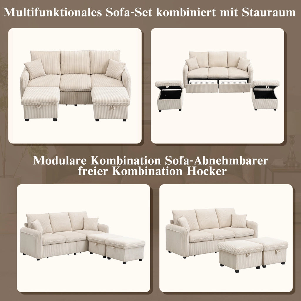 Divano modulare a 3 posti con funzione letto e contenitore con 2 pouf contenitore in tessuto effetto corda beige