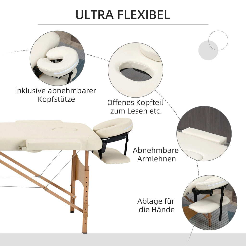 Lettino da massaggio pieghevole ¨C Xylo ¨C regolabile in altezza, ecopelle, legno, bianco crema