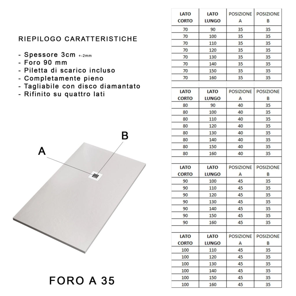 Piatto doccia in marmo resina bianco pietra cemento plus, misura 75x110