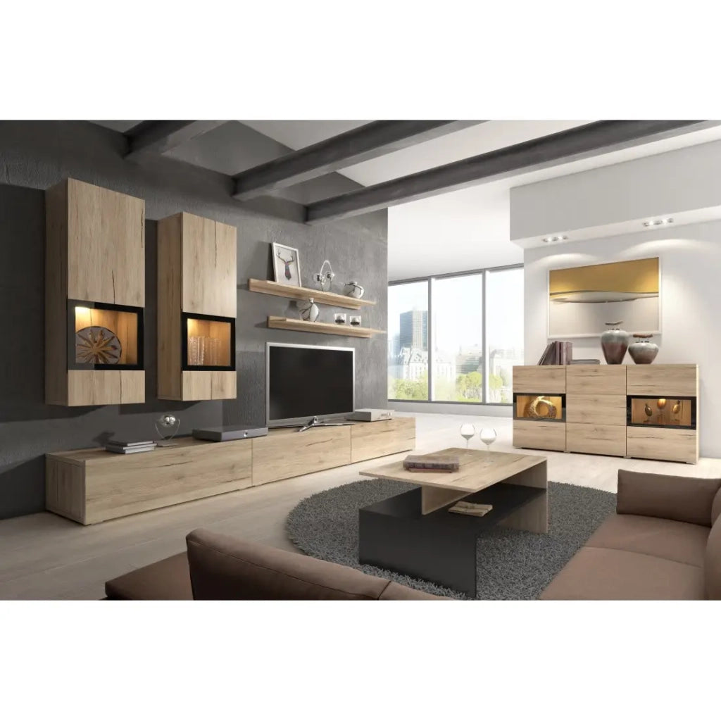 Buffet RAMOS – 2 porte in vetro + 3 cassetti – Color quercia e nero – Design contemporaneo – LED non inclusa