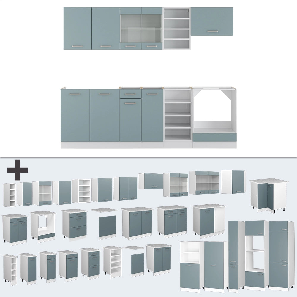 Cucina componibile R-Line Grigio-blu/Bianco 240 cm, PL Marmo Vicco
