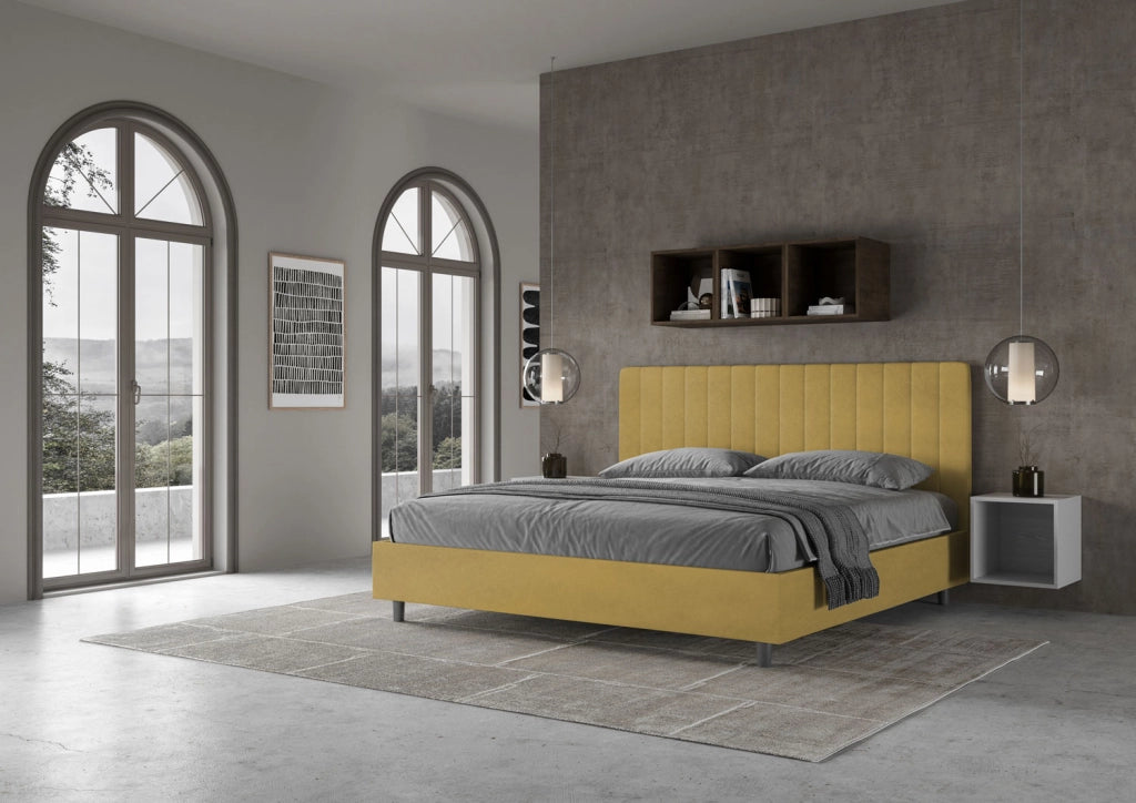BS COM Letto matrimoniale king size con rete imbottito 190x200 microfibra ocra