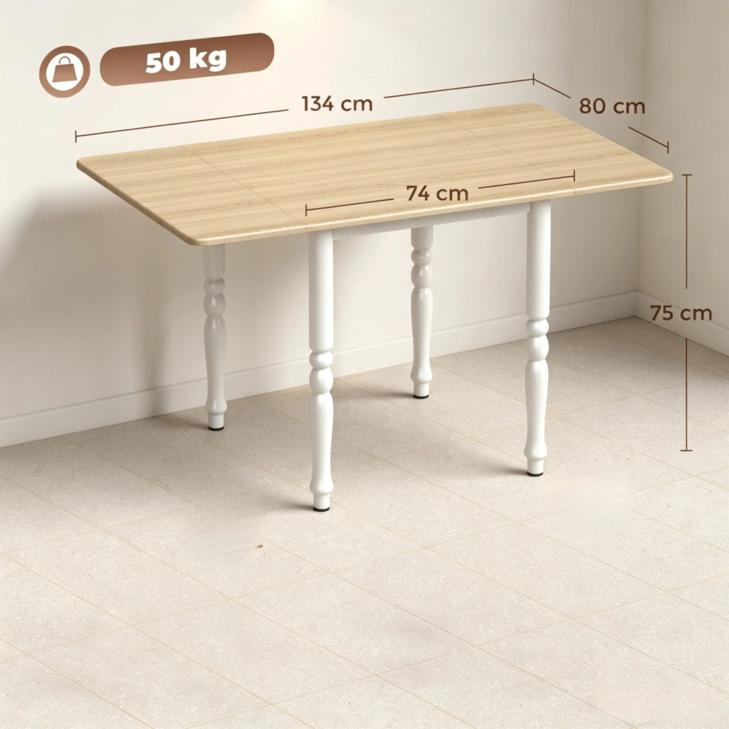Tavolo da pranzo pieghevole per 2-6 persone, allungabile da 74 a 134 cm, tavolo da cucina con 2 sezioni allungabili, gambe in acciaio, piano in legno