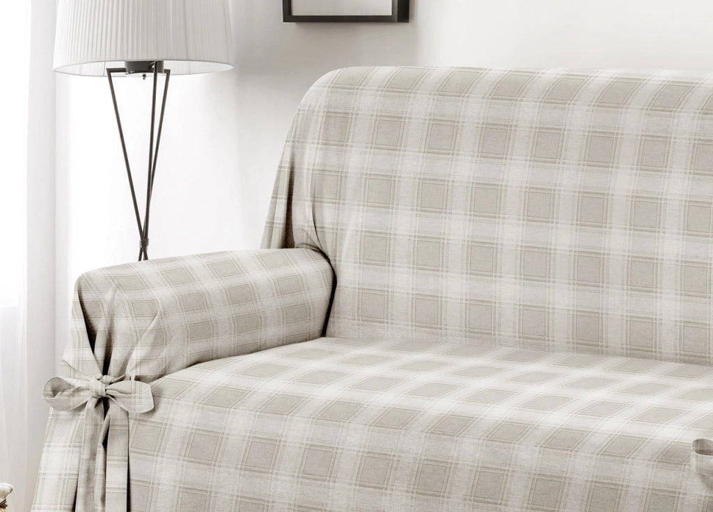 Copridivano Fodera Telo Protezione Divano Con Laccetti Fiocco Varie Fantasie - 2 Posti - Scozzese Beige