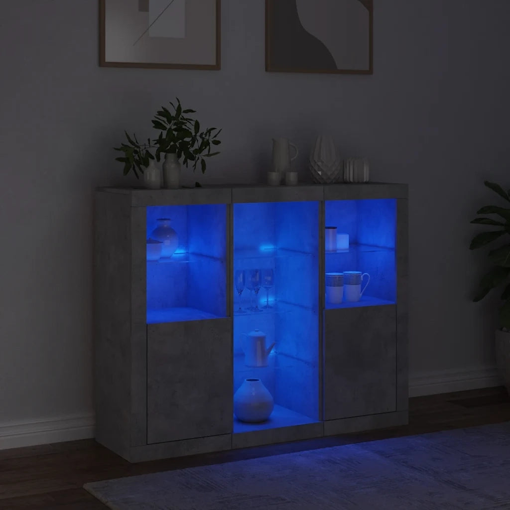 Credenze con Luci LED 3 pz | Madia | Buffet da pranzo | Armadio da pranzo Grigio Cemento in Legno Multistrato