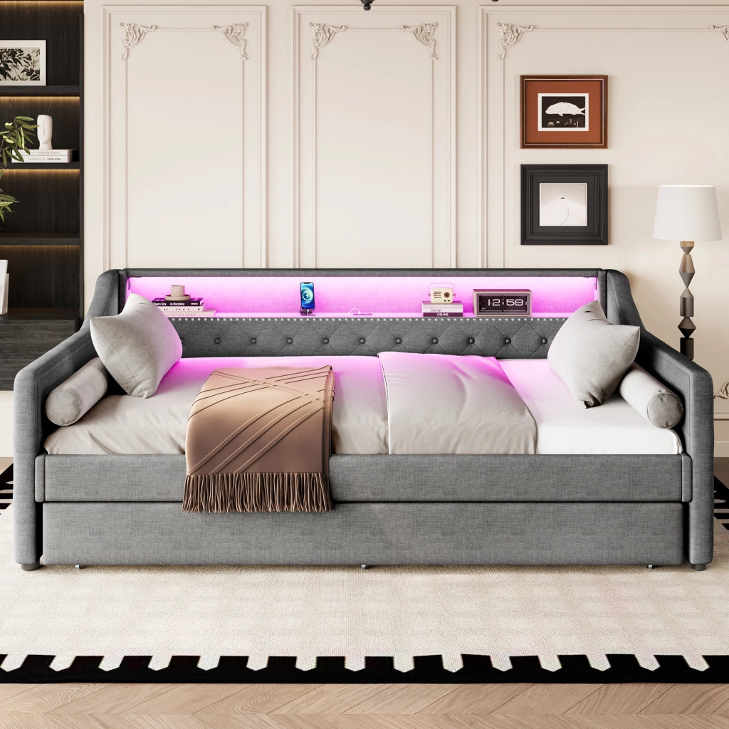 LETTO Divano 90x200 cm in lino grigio con letto estraibile, LED e USB