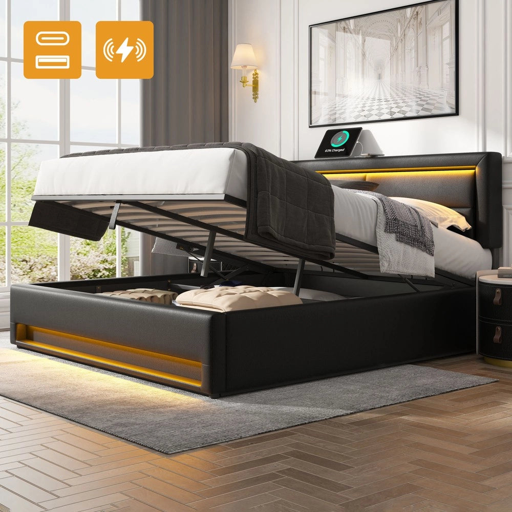 Letto Imbottito con LED e Contenitore ¨C Xylo ¨C Nero, 140x190, USB