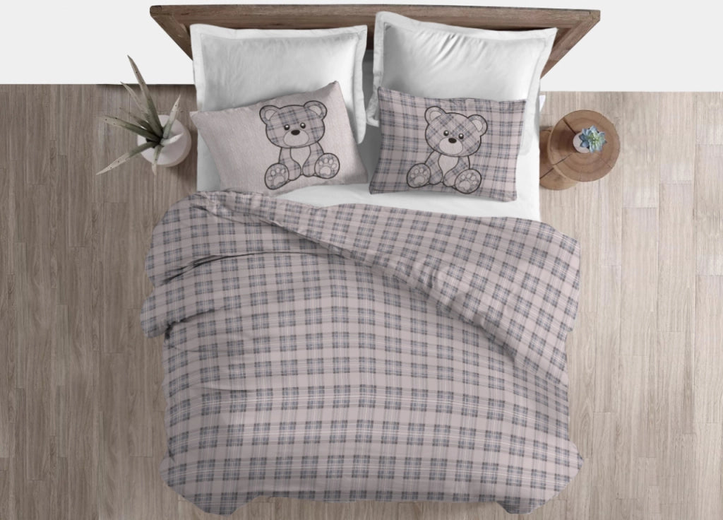 Copripiumino Sacco Piumone Cotone Flanella Pensieri Delicati Orsetto Tartan - Singolo - Grigio