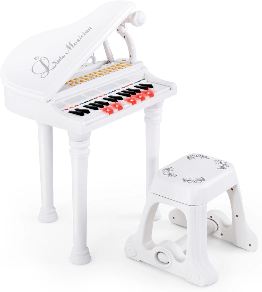 Tastiera Pianoforte a 31 Tasti con Microfono e Sgabello, Pianoforte Giocattolo Portatile con Modalità di Insegnamento a LED, Pianoforte a Coda per Bambini 3+ Anni (Bianco), 35 x 30 x 55 cm