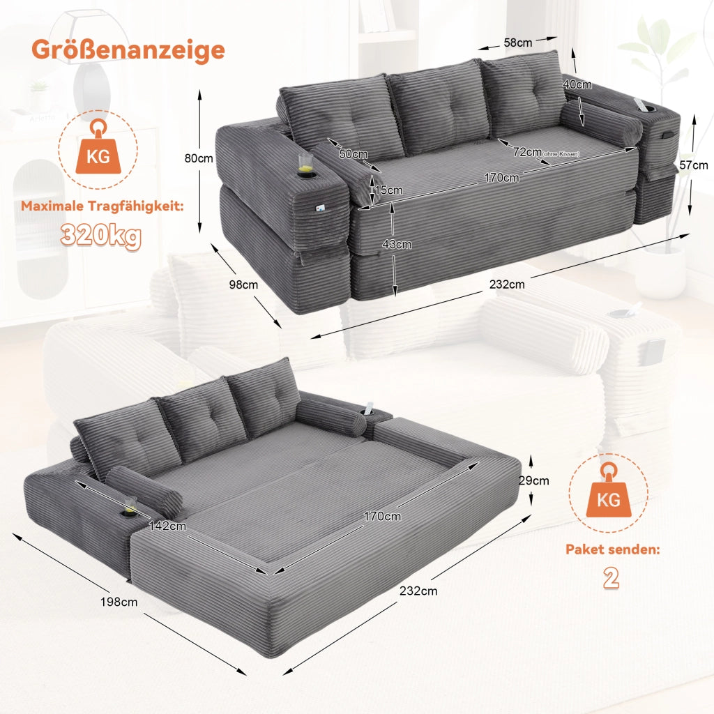 Divano Letto 3 Posti con Cuscini e Portabicchieri ¨C MINIMAL ¨C Tessuto a Coste