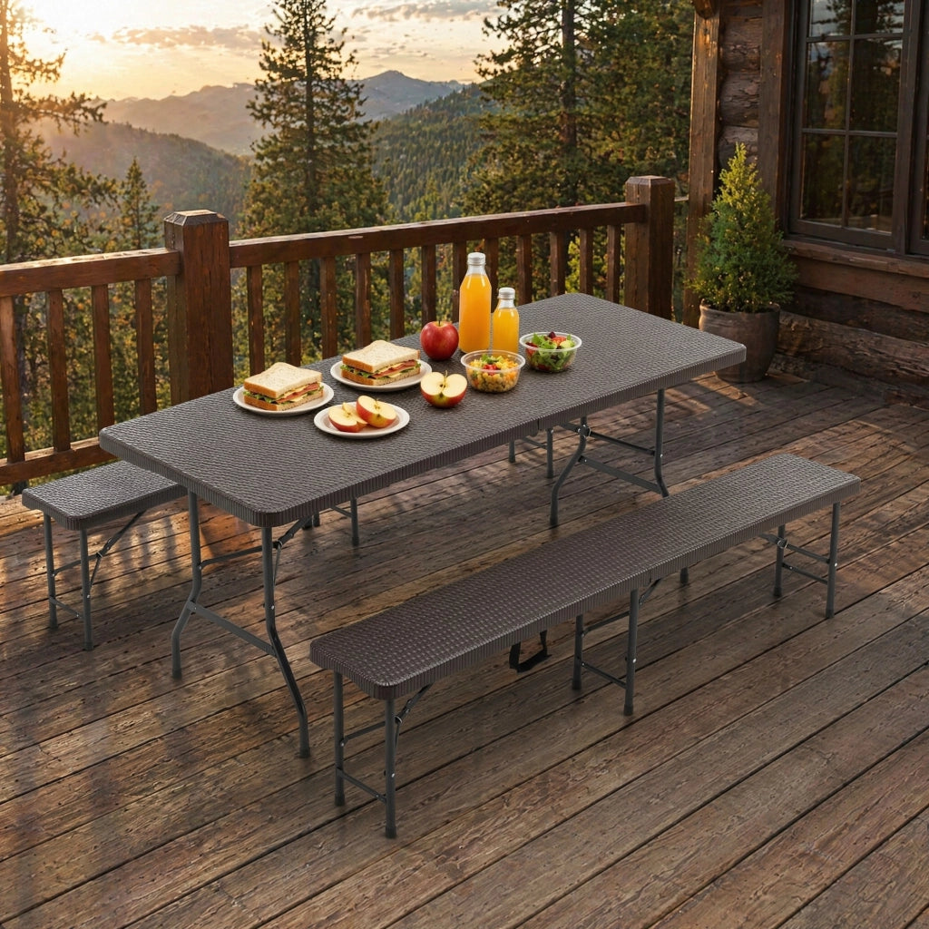 Set tavolo da picnic pieghevole 3 pezzi con 2 panche; 183 cm; HDPE marrone