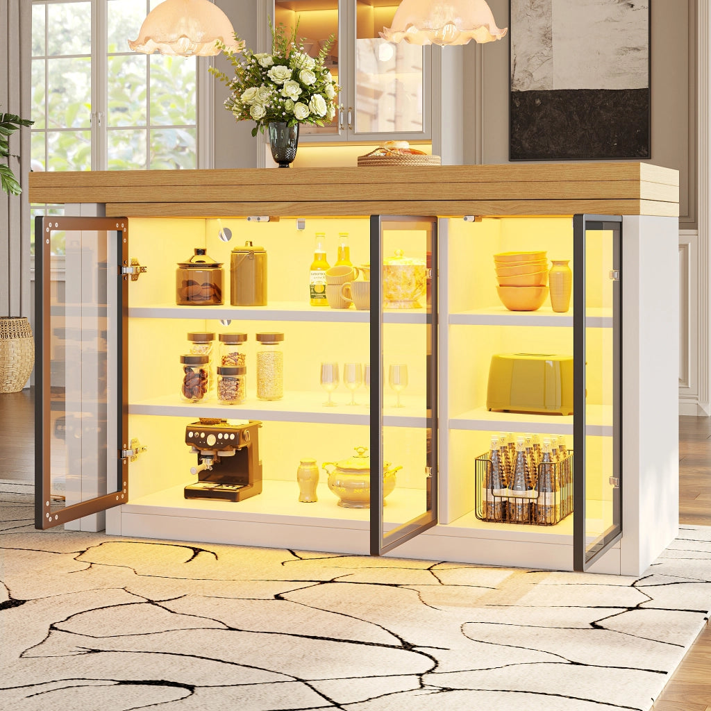 Tavolo allungabile con credenza laterale e luci multicolore, bianco