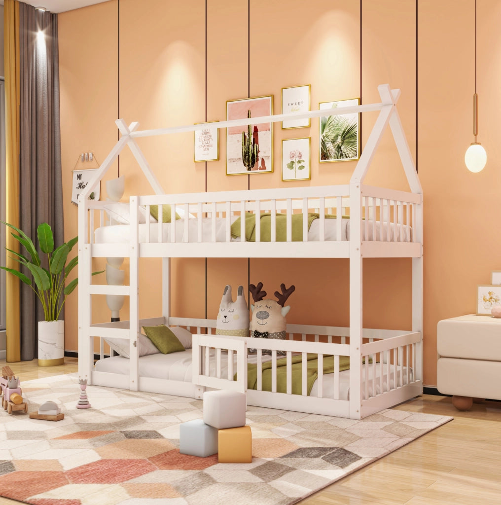 Letto a castello per bambini 90x200 cm in legno bianco con scala integrata