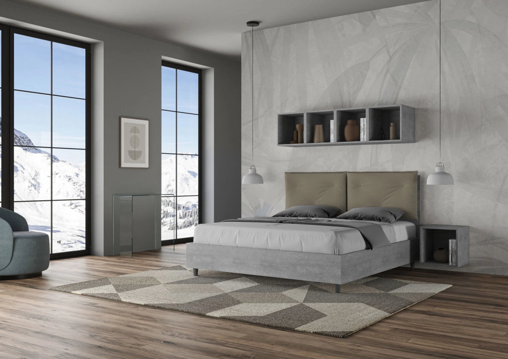 BS COM Letto matrimoniale senza rete 160x200 Cemento cuscini similpelle cappuccino