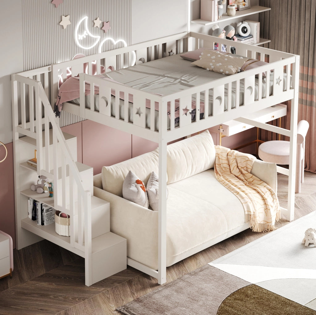 Letto a soppalco 140x200 cm con scala; ripiani e zona divano bianco