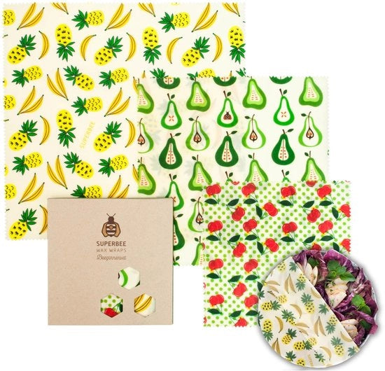 Set di impacchi in cera disponibili nelle misure S, M e L colore Fruit Punch. 

Impacchi in cera riutilizzabili, ecocompatibili e prodotti in modo etico.