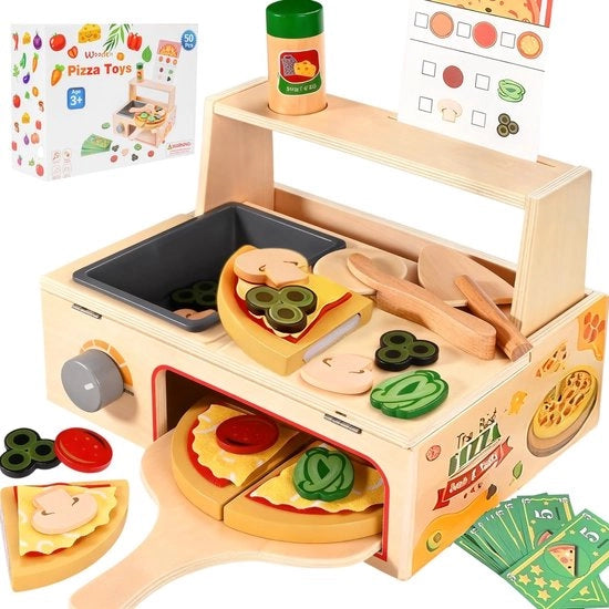Set di pizza in legno per bambini - 50 pezzi - set di pizza con taglia pizza - gioco di ruolo - accessori per cucina - chiusura con elastici - cibo per giocattoli