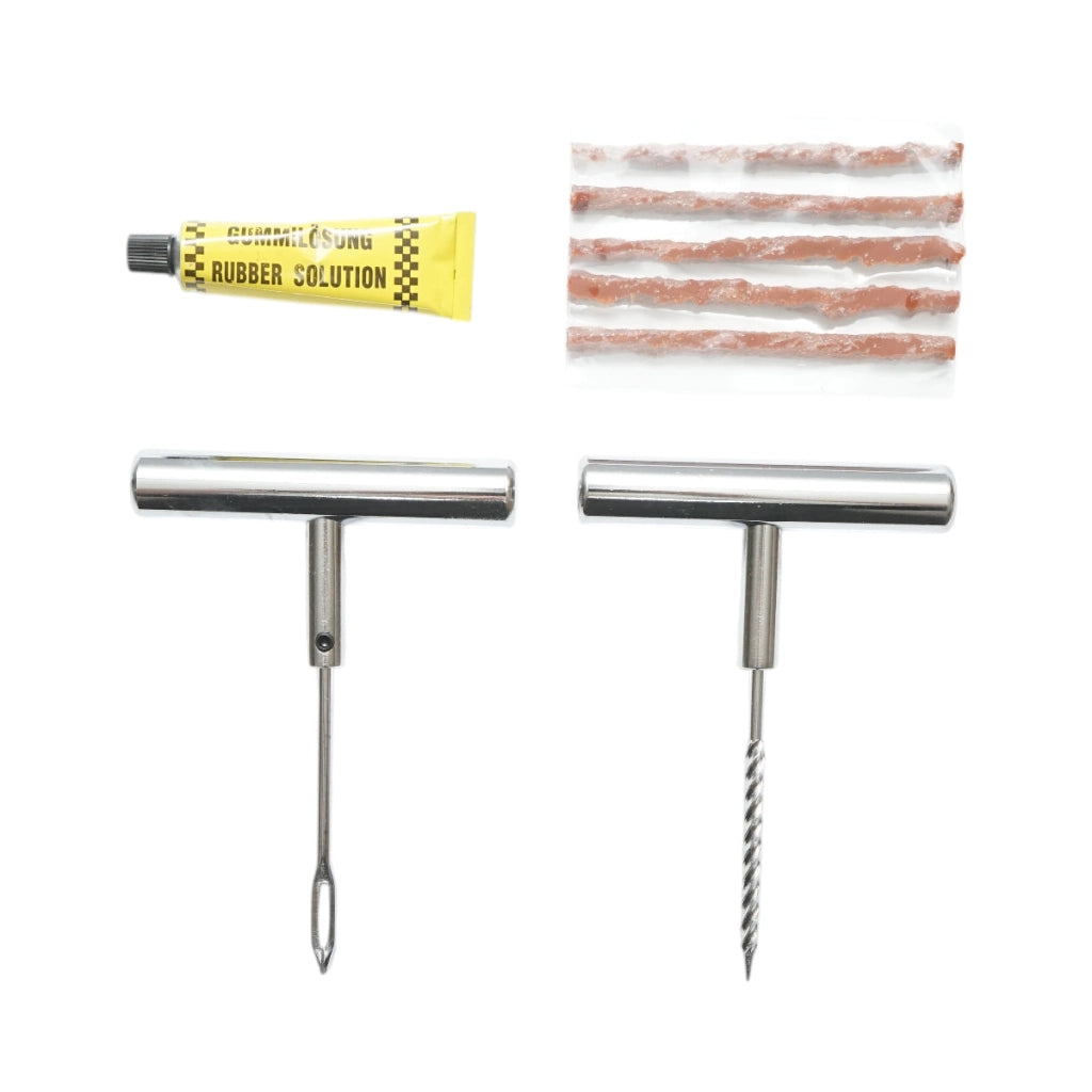 Kit professionale per la riparazione di pneumatici tubeless con vulcanizzazione a freddo, completo di cordoncini e adesivo