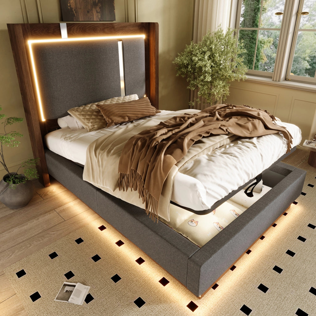 LETTO 90x200 cm con LED, contenitore, lino grigio e noce