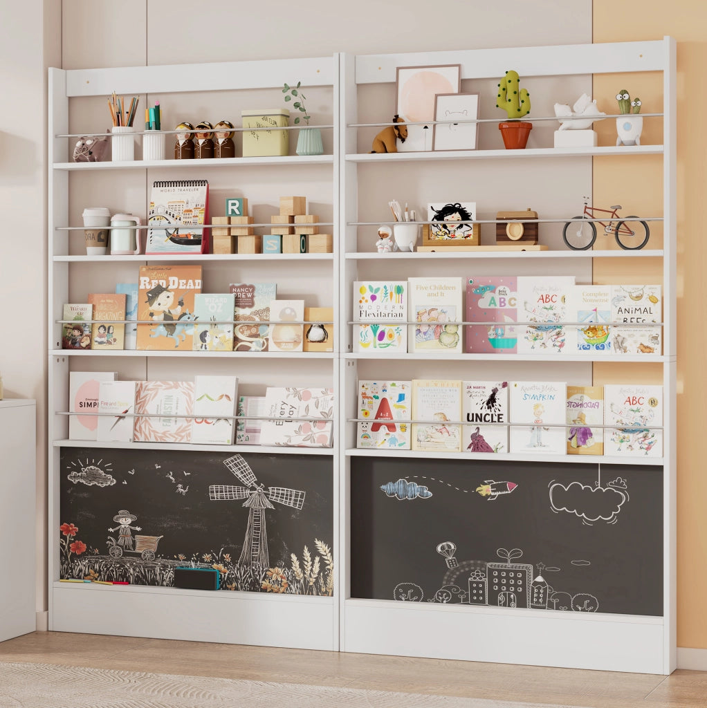 Libreria da parete salvaspazio con 4 ripiani e lavagna; 100x10x180 cm bianco