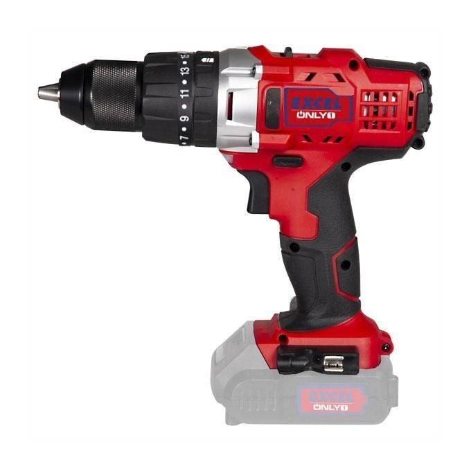 Excel ONLY1 09414 Trapano a Percussione a Batteria 18V Mandrino Autoserrante 13 mm Frizione 19 Posizioni LED 1,3 Kg