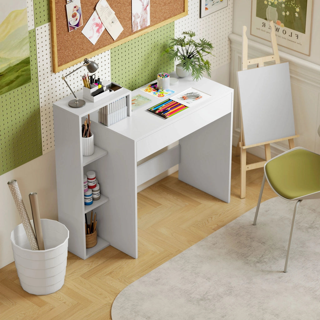 Scrivania Moderna 100x40x90 cm con Ripiani e Cassetto in Legno Bianco