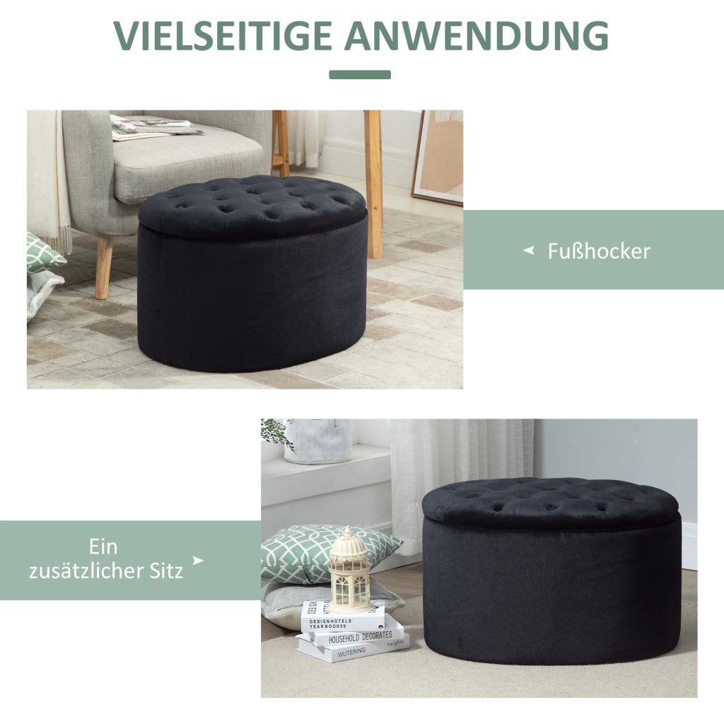 Panca imbottita nera con vano contenitore, in poliestere vellutato e legno di caucci¨´, forma ovale, 71x52x42 cm